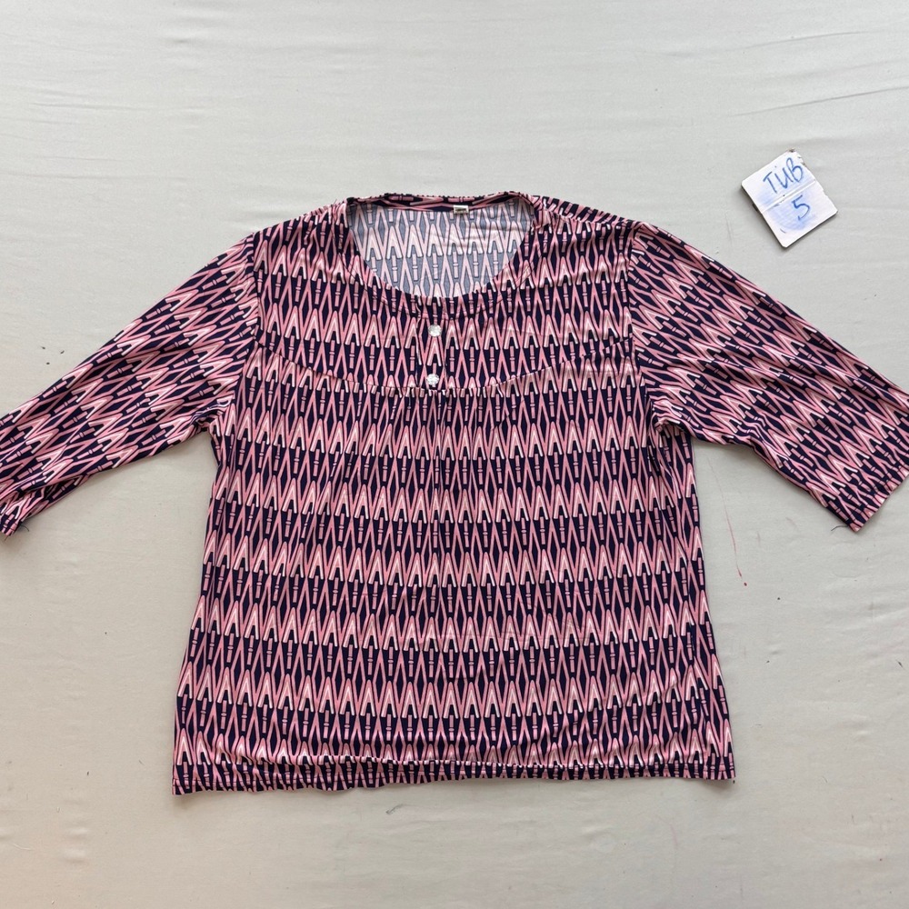 Pink Navy Geometric Print 3/4 Sleeve Button Front Blouse Top